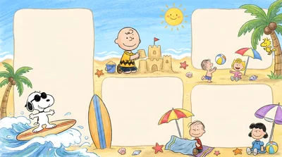 Snoopy surfing and Charlie Brown building sandcastles for PC Background