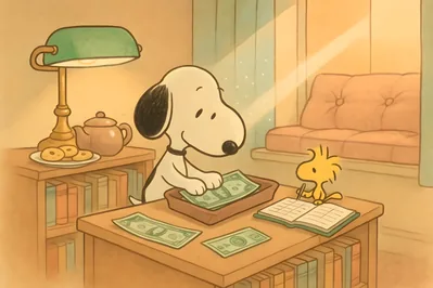 Snoopy and Woodstock counting money in a cozy room for PC 4K Image