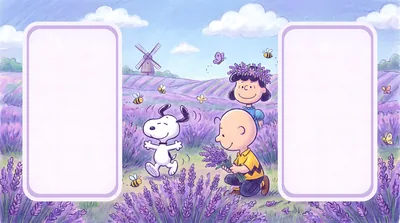 Snoopy, Charlie Brown, and Lucy in a lavender field for PC Background