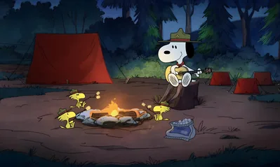 Snoopy playing guitar with Woodstock by a campfire for PC Wallpaper