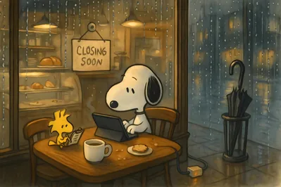 Snoopy and Woodstock working in a cozy rainy day cafe for PC Wallpaper