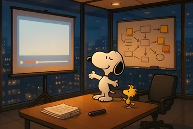 Snoopy and Woodstock giving a presentation in a night office for PC Wallpaper