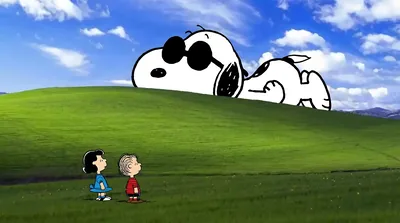 Giant Snoopy with sunglasses, Charlie Brown, and Lucy on a hill for PC Wallpaper