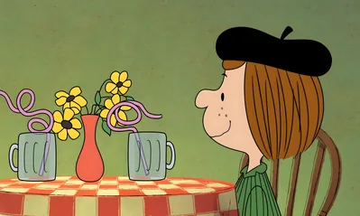 Snoopy character wearing a beret at a flower table for PC 4K Image