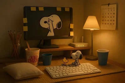 Snoopy and Woodstock on a cozy nighttime desk for PC 4K Image