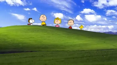 Snoopy, Charlie Brown, and Woodstock on a green hill for PC 4K Image