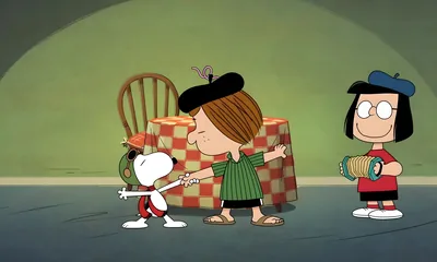 Snoopy and characters dancing and playing music in a room for PC Background
