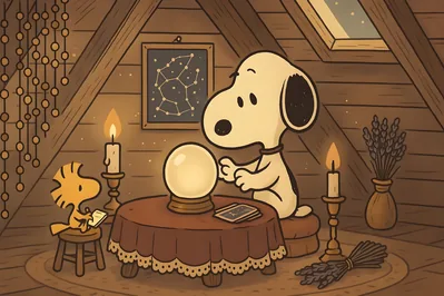 Snoopy and Woodstock fortune telling with a crystal ball for PC Wallpaper