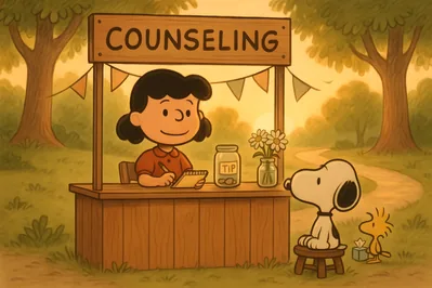 Lucy giving advice to Snoopy and Woodstock at sunset for PC Wallpaper