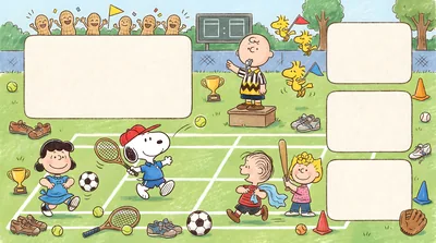 Snoopy, Charlie Brown, and Lucy playing sports on a field for PC Wallpaper