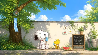 Snoopy and Woodstock eating popsicles under summer tree for PC Wallpaper