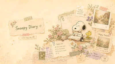 Snoopy and Woodstock writing in vintage diary journal for PC Wallpaper