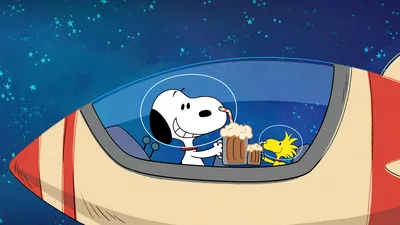 Snoopy and Woodstock flying a rocket drinking root beer for PC Wallpaper