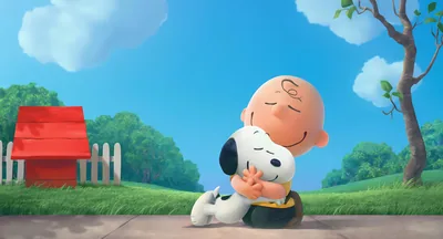 Charlie Brown and Snoopy hugging warmly under blue sky for PC Wallpaper