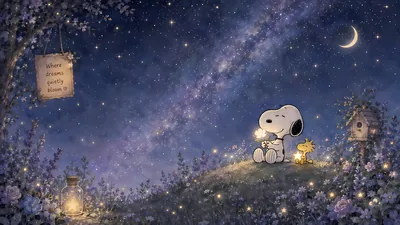 Snoopy and Woodstock holding a glowing flower under starry sky for PC Wallpaper