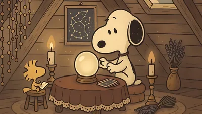 Fortune teller Snoopy and Woodstock with glowing crystal ball for PC Wallpaper