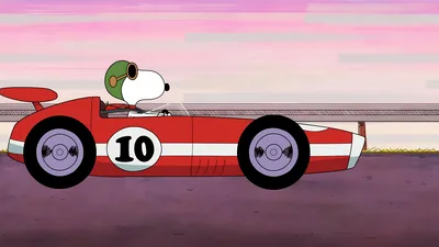 Snoopy driving a red vintage race car on the track for PC 4K Image