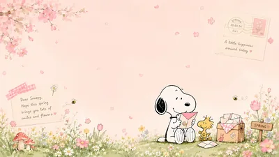 Snoopy and Woodstock reading spring letters among flowers Wallpaper for PC