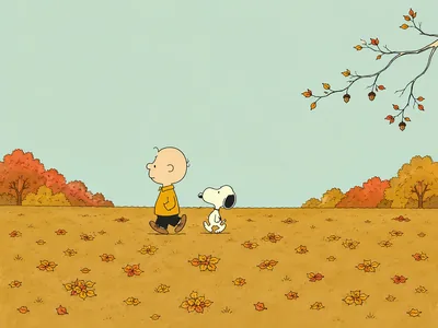 Charlie Brown and Snoopy walking across autumn fallen leaves for PC Wallpaper