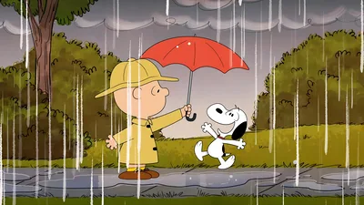Charlie Brown holding an umbrella for happy Snoopy in the rain for PC Background