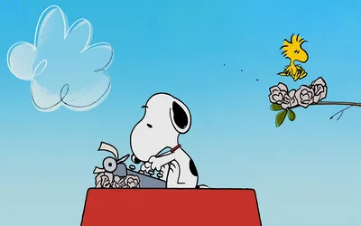 Snoopy typing on a typewriter on his doghouse with Woodstock for PC Wallpaper