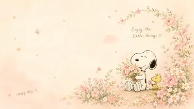 Snoopy and Woodstock with lovely pastel flowers Wallpaper for PC