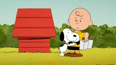 Snoopy hugging Charlie Brown by the red doghouse Wallpaper for PC