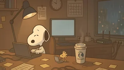 Snoopy and Woodstock working late on laptops in a cozy room for PC 4K Image