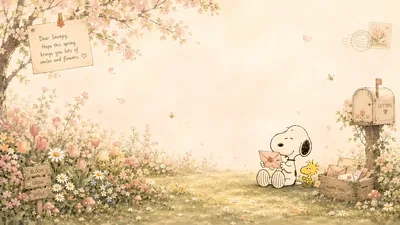 Snoopy and Woodstock reading spring letters Background for PC
