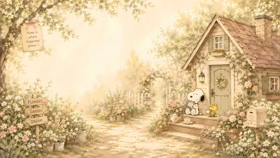 Cozy Snoopy and Woodstock drinking tea by a flower cottage Wallpaper for PC