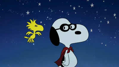 Superhero Snoopy and flying Woodstock under the starry sky for PC Wallpaper
