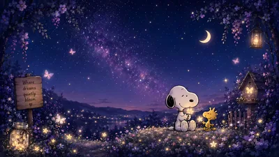Snoopy and Woodstock under a magical starry night for PC Background