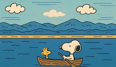 Snoopy and Woodstock rowing a wooden boat on a scenic lake for PC Wallpaper