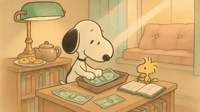 Snoopy and Woodstock counting money and bookkeeping for PC Wallpaper