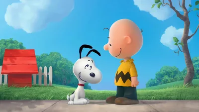 Charlie Brown smiling at cute Snoopy in the sunny yard for PC Wallpaper