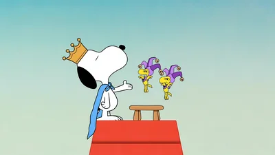 King Snoopy in cape and crown with jester Woodstock for PC Background
