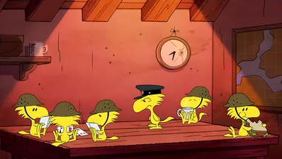 Woodstock and soldier birds playing cards inside bunker for PC Background