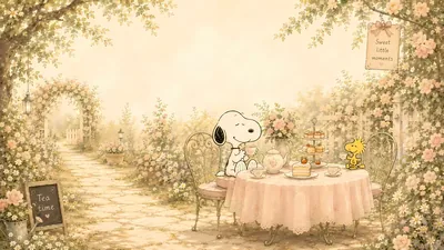 Snoopy and Woodstock enjoying afternoon tea in a floral garden for PC Wallpaper
