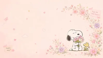 Snoopy and Woodstock holding spring flowers pastel pink for PC Wallpaper