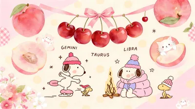 Cute Snoopy and Woodstock skating by campfire with cherries for PC Background