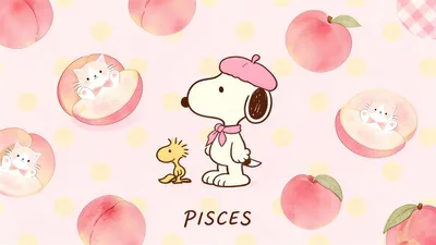 Cute Snoopy and Woodstock in pink beret with sweet peaches for PC Wallpaper