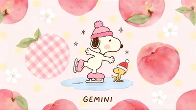 Snoopy and Woodstock ice skating with cute peach pattern for PC Wallpaper