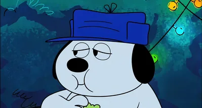 Snoopy character wearing a blue winter cap and chewing snacks for PC Wallpaper