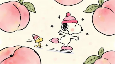 Cute Snoopy and Woodstock ice skating with sweet pink peaches for PC Wallpaper