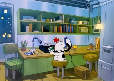 Snoopy and Woodstock listening to music in a cozy room for PC Wallpaper