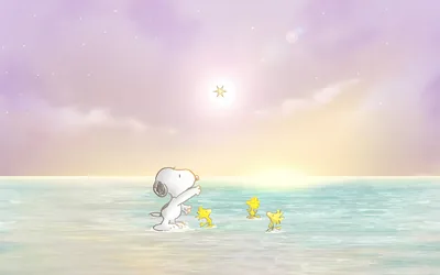 Snoopy and Woodstock reaching for a glowing star by the sea for PC Wallpaper
