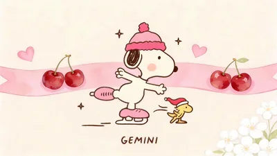 Cute Snoopy and Woodstock ice skating with sweet cherries for PC Wallpaper