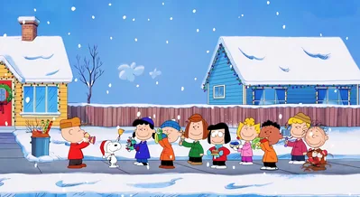 Snoopy, Charlie Brown, Lucy and friends playing music in snow for PC Background