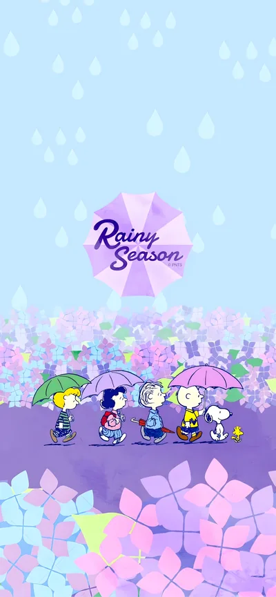 Snoopy, Charlie Brown and friends walking in the rainy season for iPhone Wallpaper