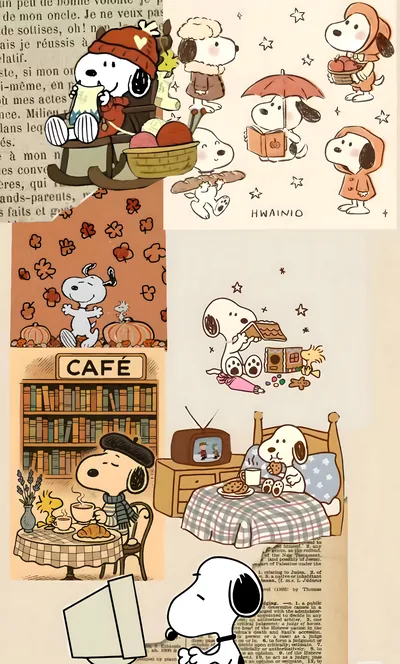 Cute Snoopy and Woodstock in cozy cafe and autumn scenes for iPhone Wallpaper